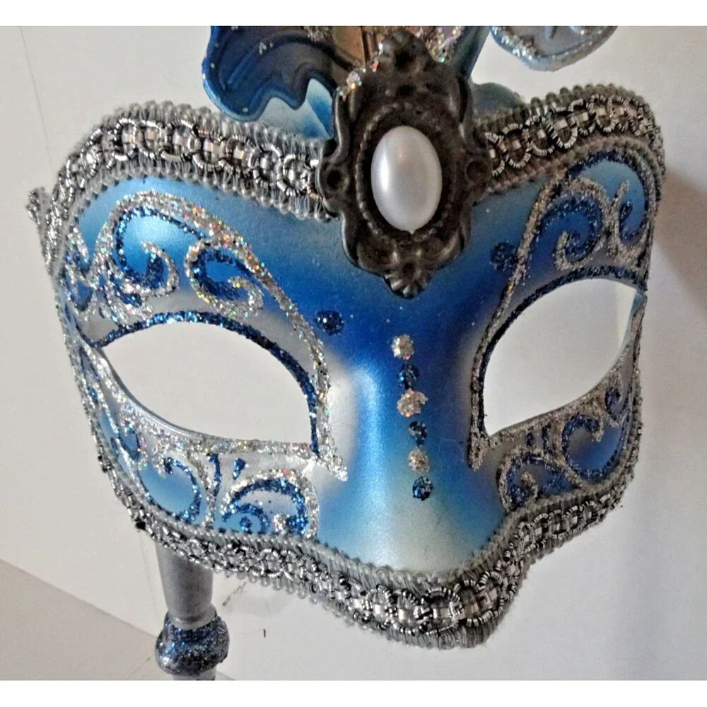Beautiful Venetian Hand Painted Mask Venice Blue Masquerade with Handle Dated
